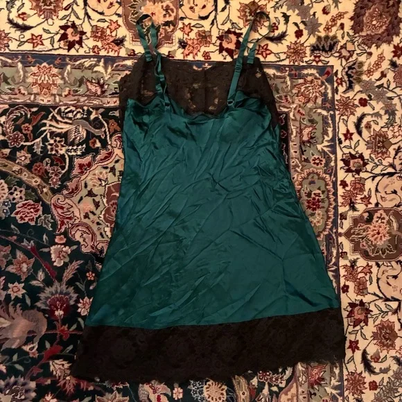 Victoria's Secret Vintage Emerald Silk Slip Dress with Black Lace Trim - Picture 2 of 3